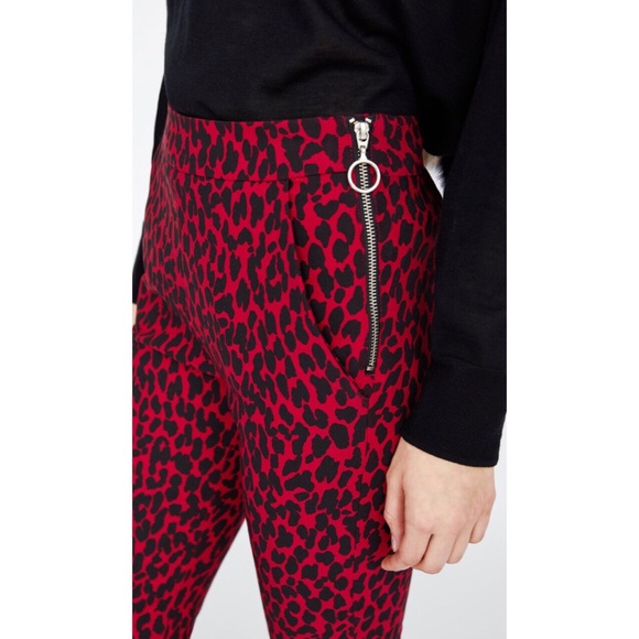 Zara Leopard Animal Print Red Black Skinny Pants - Picture 8 of 9